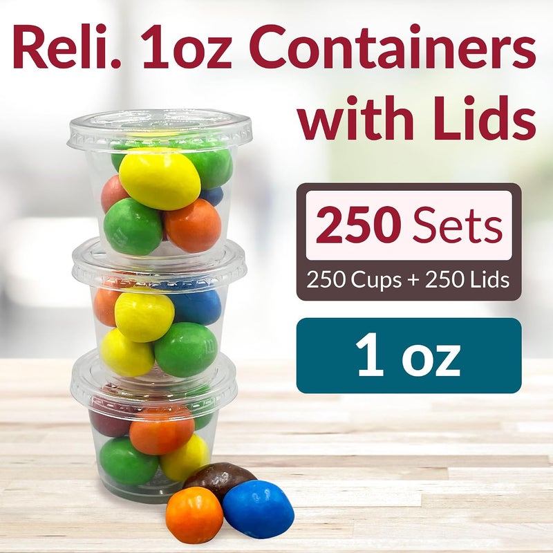 Reli. ريلي (250 مجموعة حاويات سعة 1 اونصة مع اغطية | اكواب جيلي شوت مع اغطية | حاويات بهارات بلاستيكية صغيرة مع اغطية | اكواب صلصة 1 اونصة / اكواب سوفليه مع اغطية - Image 2