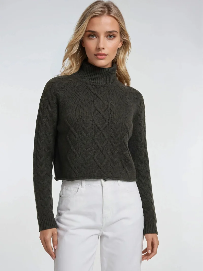 Mixray Dark Grey Mixray Argyle Half-Turtleneck Ribbed Knit Sweater for Women | Best Price UAE