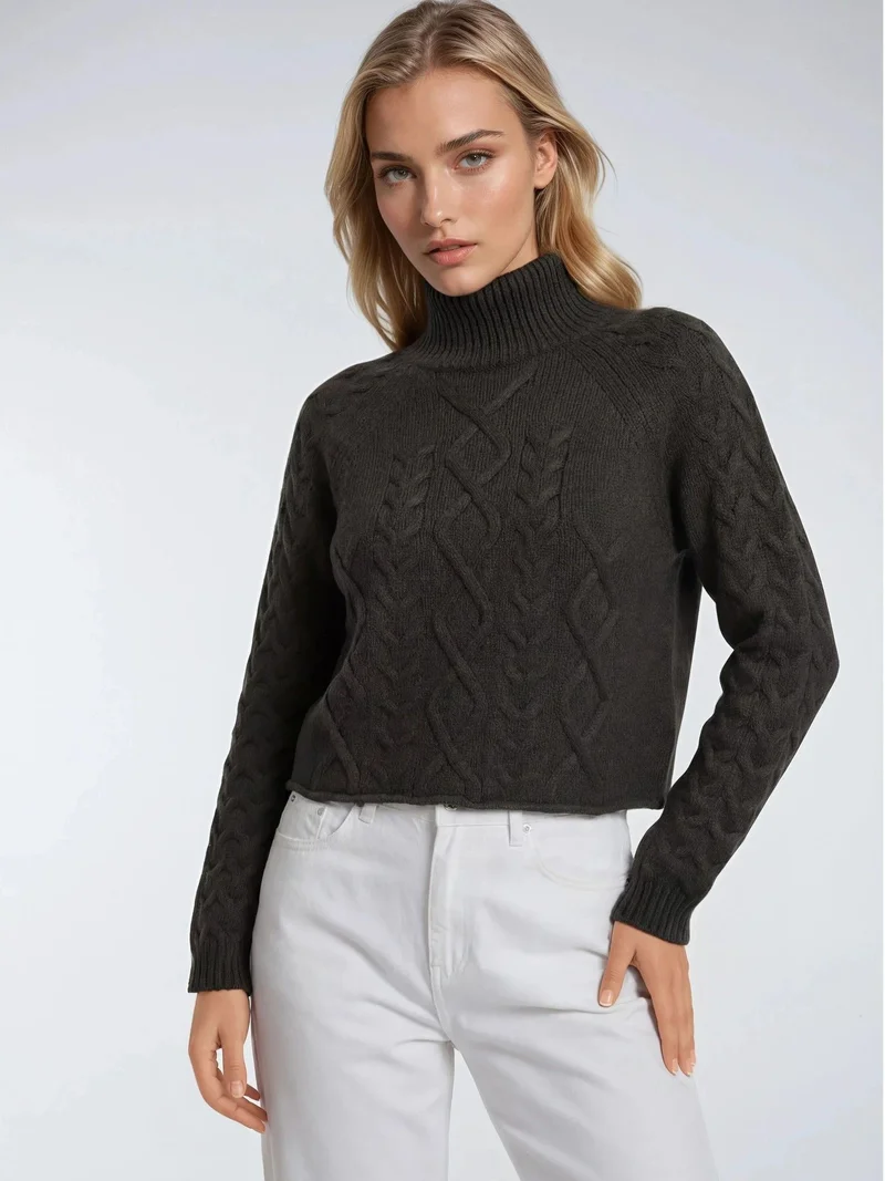 Mixray Dark Grey Mixray Argyle Half-Turtleneck Ribbed Knit Sweater for Women | Best Price UAE
