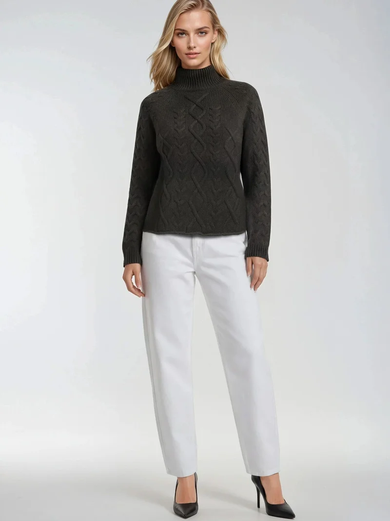 Mixray Dark Grey Mixray Argyle Half-Turtleneck Ribbed Knit Sweater for Women | Best Price UAE