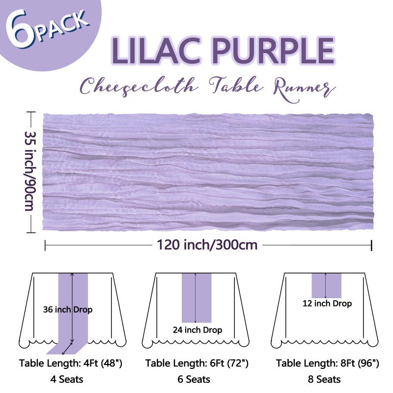 Heneger 6 Pack Lilac Purple Cheesecloth Table Runner 10Ft Lavender Gauze Cheese Cloth Table Runner 35x120 Inch Boho Sheer Rustic Fabric for Holiday Party Decor Baby Shower Wedding Decorations - Image 2