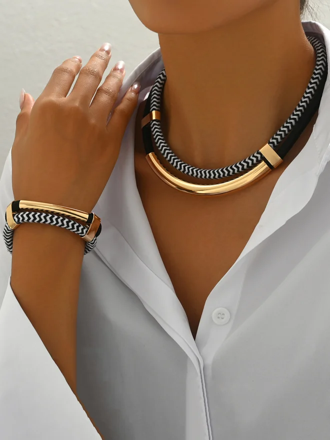 Black and White Thick Double Line Metal Necklace and Bracelet Set