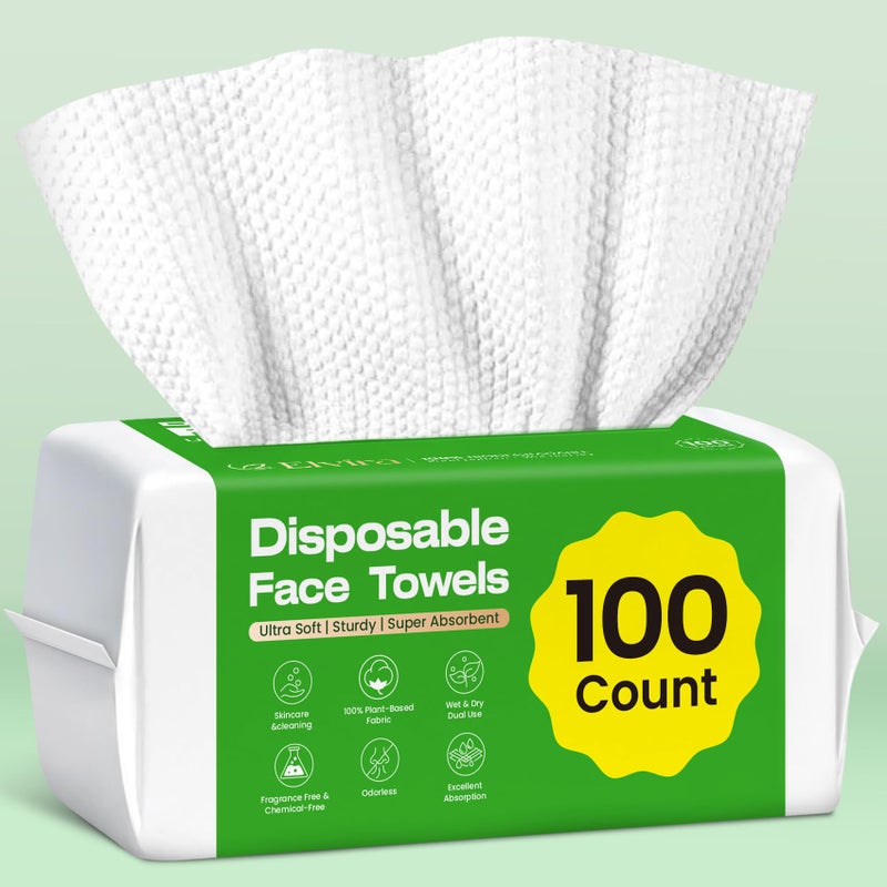 Elvira 100 Count Disposable Face Towels, Biodegradable Skincare Facial Cleansing Towels, Ultra Soft & Thick Makeup Remover Dry Wipes, Lint-Free & Vegan for Sensitive Skin, Travel Essential - Image 1