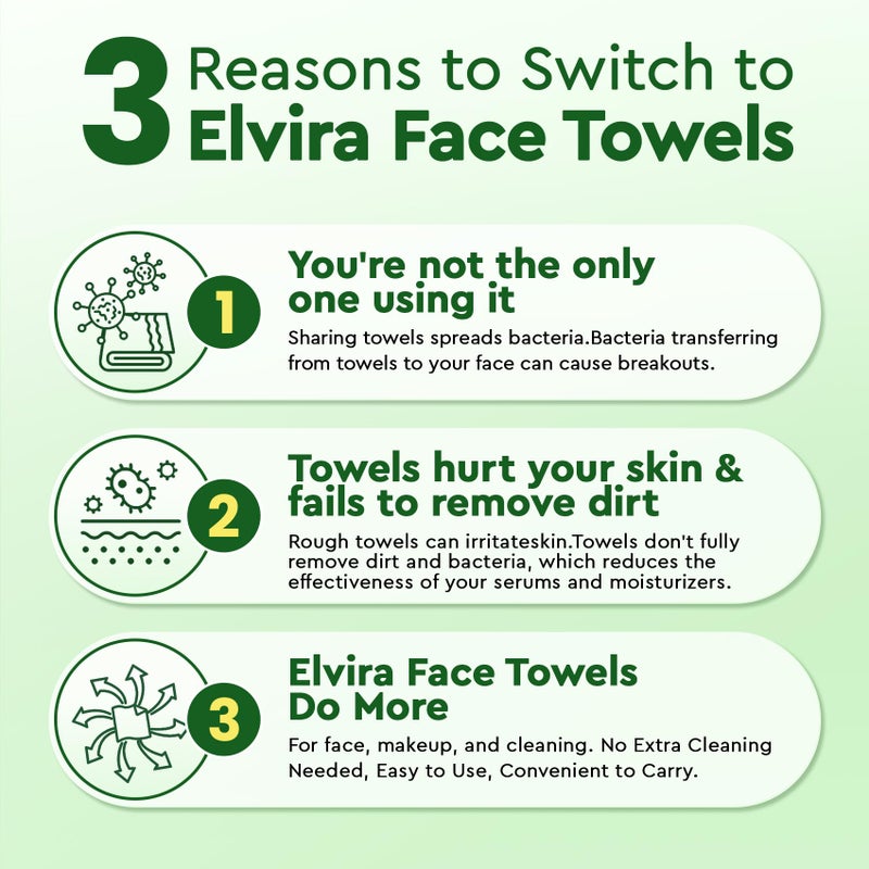Elvira 100 Count Disposable Face Towels, Biodegradable Skincare Facial Cleansing Towels, Ultra Soft & Thick Makeup Remover Dry Wipes, Lint-Free & Vegan for Sensitive Skin, Travel Essential - Image 3