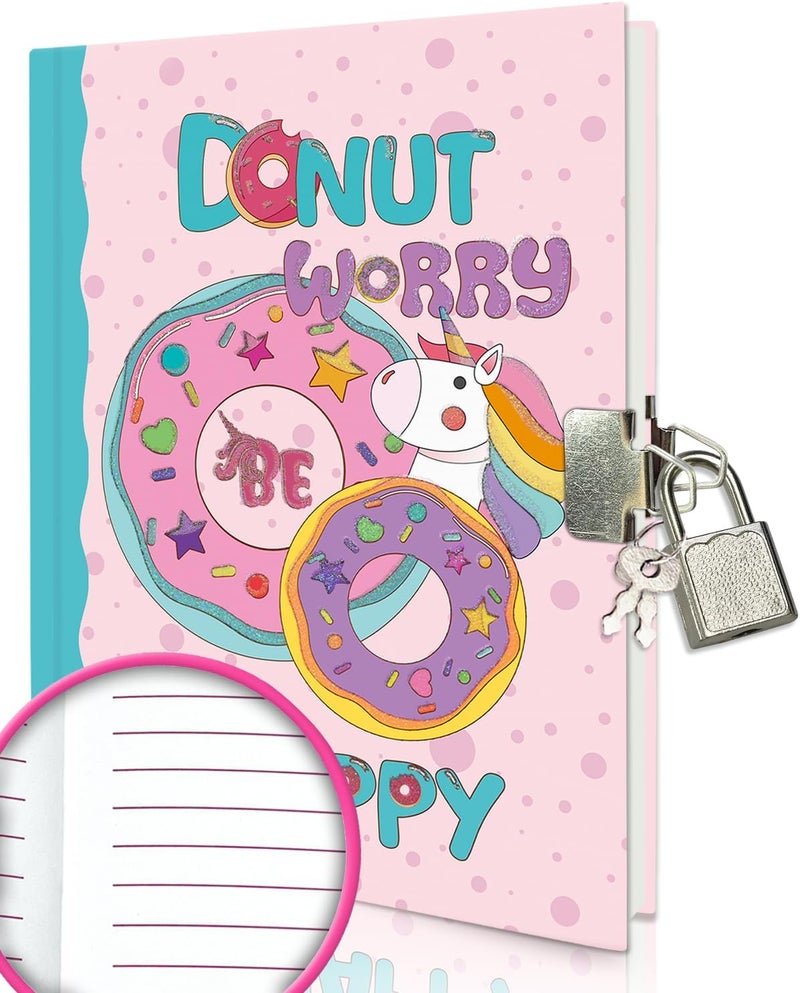 GINMLYDA Girls Diary with Lock for Kids, 7x5.25 Inches 160 Lined Pages Secret Pink Doughnut Notebook for Girls Journal with Lock for Kids Pre School Writing Drawing Cute Girls Gifts for Birthday - Image 1