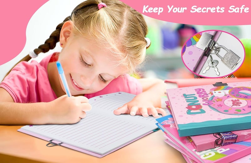 GINMLYDA Girls Diary with Lock for Kids, 7x5.25 Inches 160 Lined Pages Secret Pink Doughnut Notebook for Girls Journal with Lock for Kids Pre School Writing Drawing Cute Girls Gifts for Birthday - Image 2