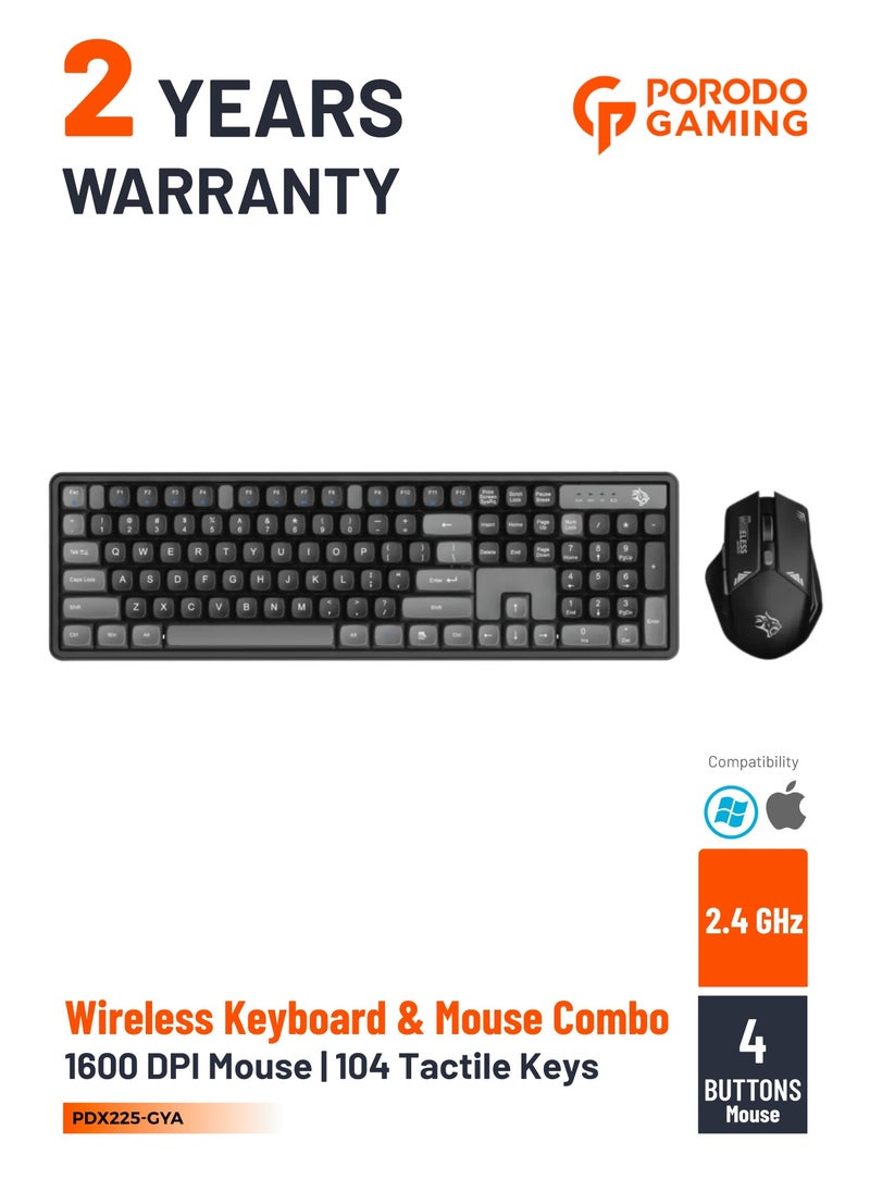 porodo - 2.4Ghz Wireless Keyboard and Mouse Combo / Keyboard with 104 Tactile Keys / 1600DPI Mouse with Gaming Design /Set mouse and Keyboard / Plug & Play - Grey/B - Image 1