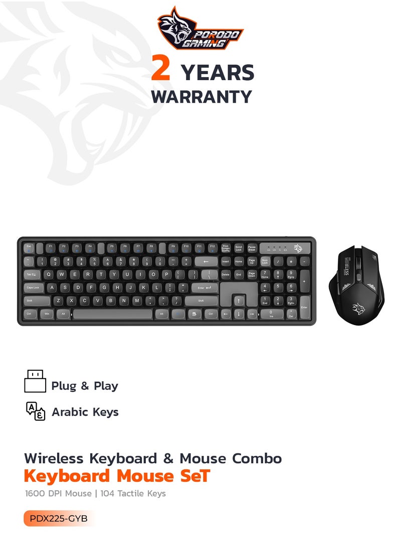 porodo 2.4Ghz Wireless Keyboard and Mouse Combo / Keyboard with 104 Tactile Keys / 1600DPI Mouse with Gaming Design /Set mouse and Keyboard / Plug & Play - Grey/B  - Image 1
