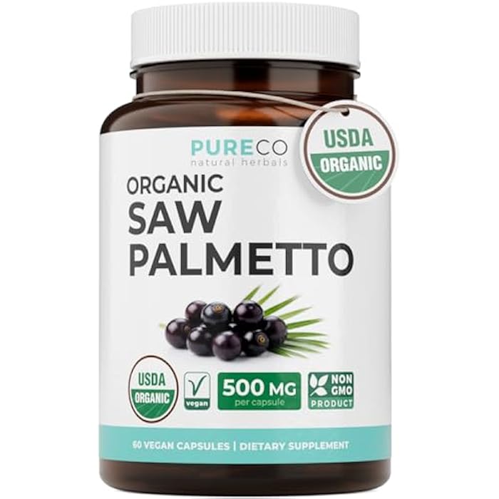 PURE CO USDA Organic Saw Palmetto Supplement - Organic Saw Palmetto for Women & Men's Urinary Tract Prostate & DHT Blocker for Women - Whole Berries - Vegan Non-GMO & Lab Verified (2 Month Supply) - Image 1