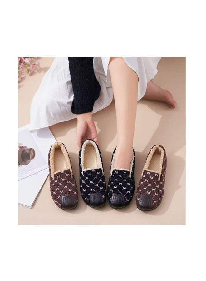 Footoppo Women's Slip-on Fleece-lined Loafers Thickened Winter Warm Flat Cotton Shoes