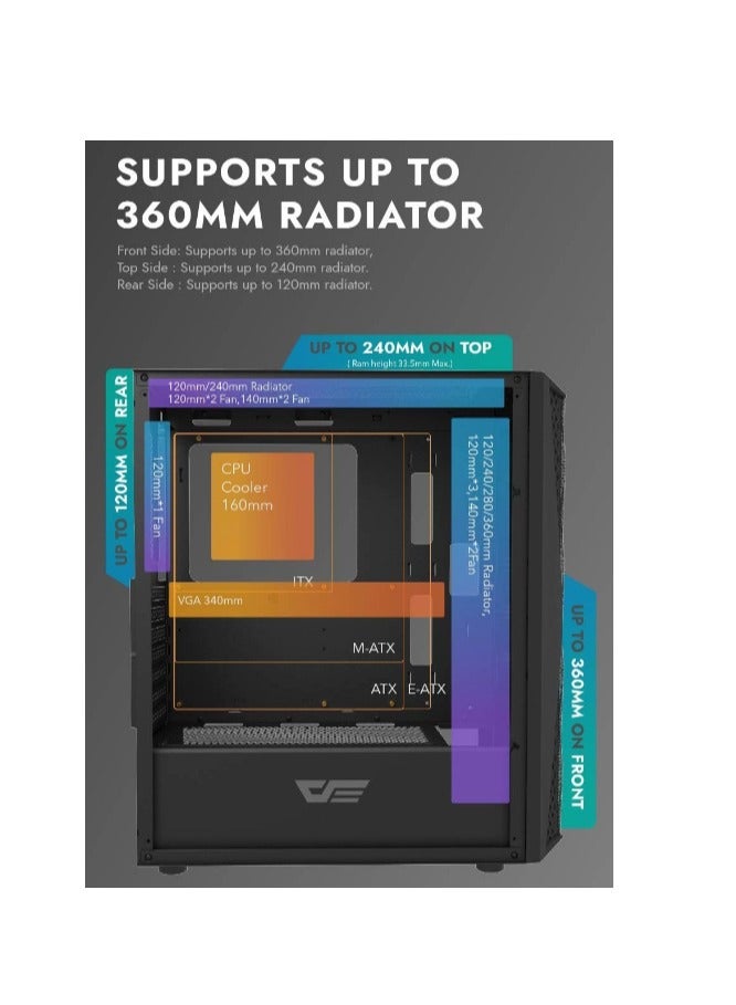 Darkflash DK352 Mesh ATX/MATX/ITX Gaming PC Case With Pre-Installed 4 * 120MM ARGB Fans, Transparent Glass Panel, USB 3.0, Support 360mm Radiator - Image 5