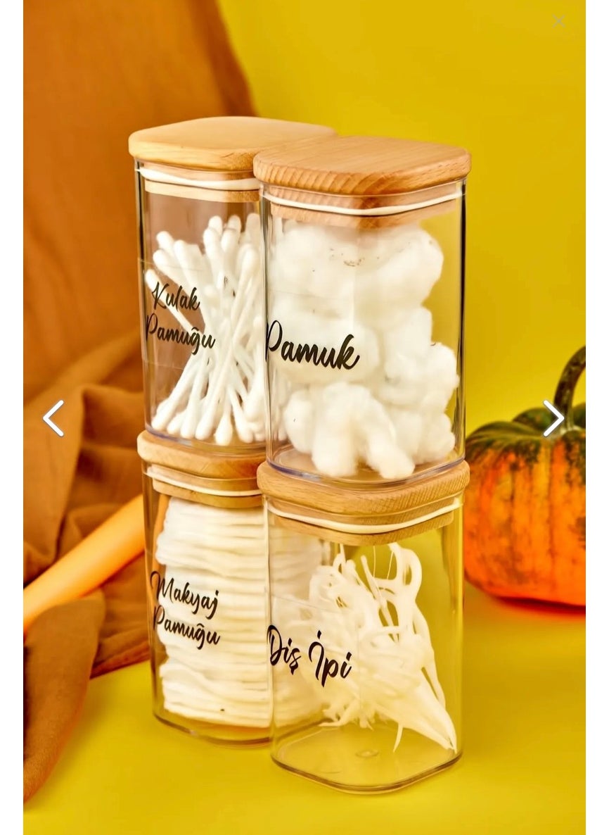 Fbz Home 4-Piece 250 ml Wooden Cover Acrylic Dental Floss & Cotton Bud & Cotton & Makeup Cotton Bathroom Set  - Image 1