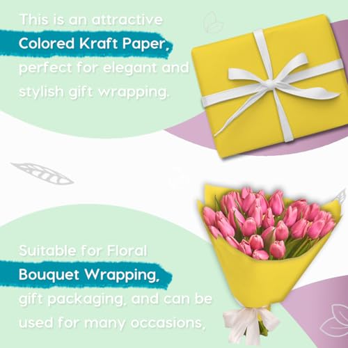 SMART&CASUAL 17.8" x 760" (63') Lemon Yellow Kraft Craft Paper Roll for Gift Wrapping Bulletin Board Bouquet Flower Kids Art Packing Parcel Table Covering 80GSM 55LB (Lemon Yellow, 17.8" x 63') - Image 4