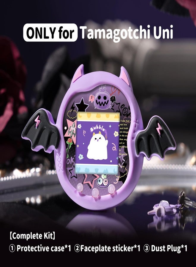 BUBBLELOGUS Devil Wing Case for Tamagotchi Uni, Silicone Cover with Holographic Laser Faceplate Sticker & Star Dust Plug, 3-in-1 Set (Purple) - Image 2