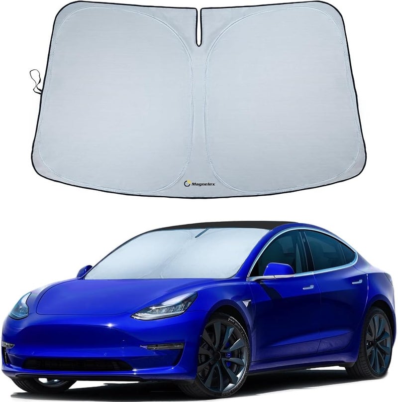 ماغنيليكس مظلة شمسية لزجاج السيارة من Magnelex لطراز Tesla Model 3 Model Y مصنوعة من مادة عاكسة 240T مزودة بفتحة مرآة. مظلة شمسية لطراز Tesla Model 3 و Tesla Model Y قابلة للطي. - Image 1