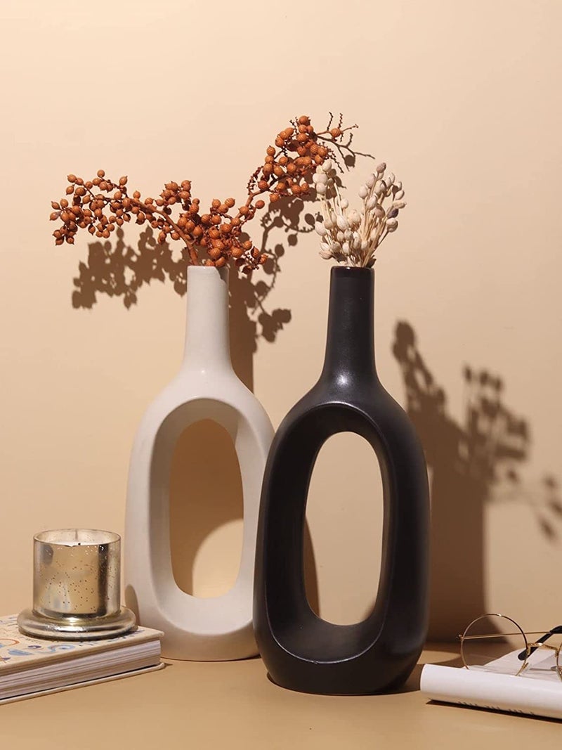 Craftribal Minimalist Ceramic Hollow Flower Vase Set, Matte Finish, 12 Inches, Combo of 2 Pcs (Black & White) - Image 1