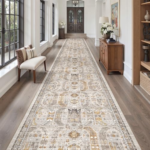 Madane 3x20 Hallway Runner Rug - Extra Long Carpet Runners for Hallways 20ft Non Slip Stain Resistant Rugs Runner for Living Room Bedroom 20 Feet Distressed Floor Carpet for Kitchen, Brown/Gold - Image 4