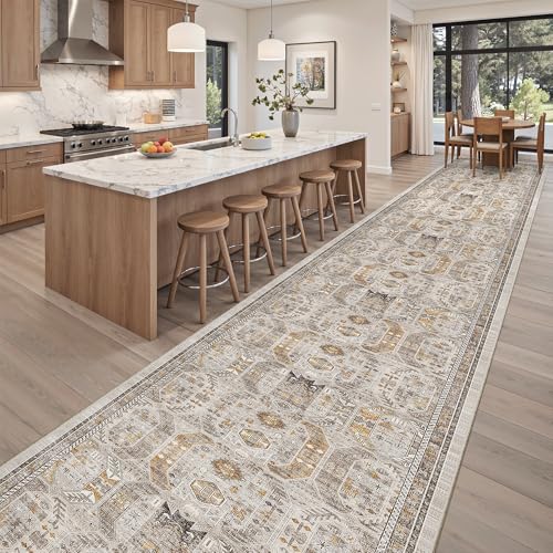 Madane 3x20 Hallway Runner Rug - Extra Long Carpet Runners for Hallways 20ft Non Slip Stain Resistant Rugs Runner for Living Room Bedroom 20 Feet Distressed Floor Carpet for Kitchen, Brown/Gold - Image 3