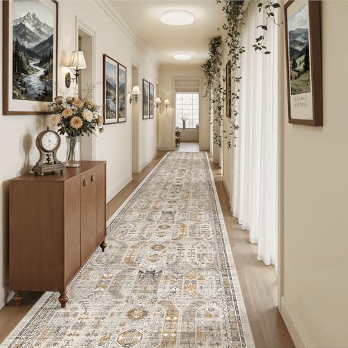 Madane 3x20 Hallway Runner Rug - Extra Long Carpet Runners for Hallways 20ft Non Slip Stain Resistant Rugs Runner for Living Room Bedroom 20 Feet Distressed Floor Carpet for Kitchen, Brown/Gold - Image 1