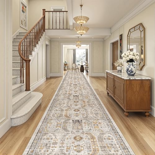 Madane 3x20 Hallway Runner Rug - Extra Long Carpet Runners for Hallways 20ft Non Slip Stain Resistant Rugs Runner for Living Room Bedroom 20 Feet Distressed Floor Carpet for Kitchen, Brown/Gold - Image 2