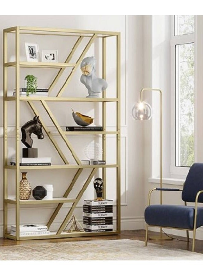 HOME TASTE TOMSUN Gold Bookshelf with Metal Frame & Ceramic Tile Storage – Pre-Assembled Display Stand for Bedroom, Living Room, and Home Office  - Image 1