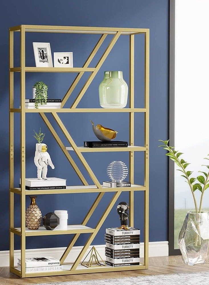 HOME TASTE TOMSUN Gold Bookshelf with Metal Frame & Ceramic Tile Storage – Pre-Assembled Display Stand for Bedroom, Living Room, and Home Office  - Image 3