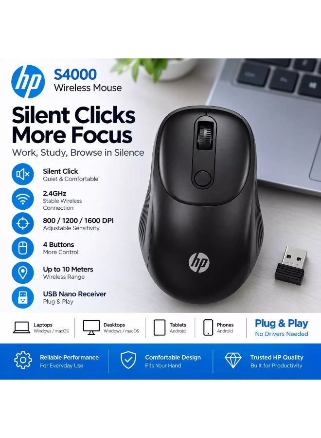HP S4000 Wireless Silent Mouse – 2.4GHz, 800/1200/1600 DPI, USB Nano Receiver, 4 Buttons, 10m Range, Black black - Image 2