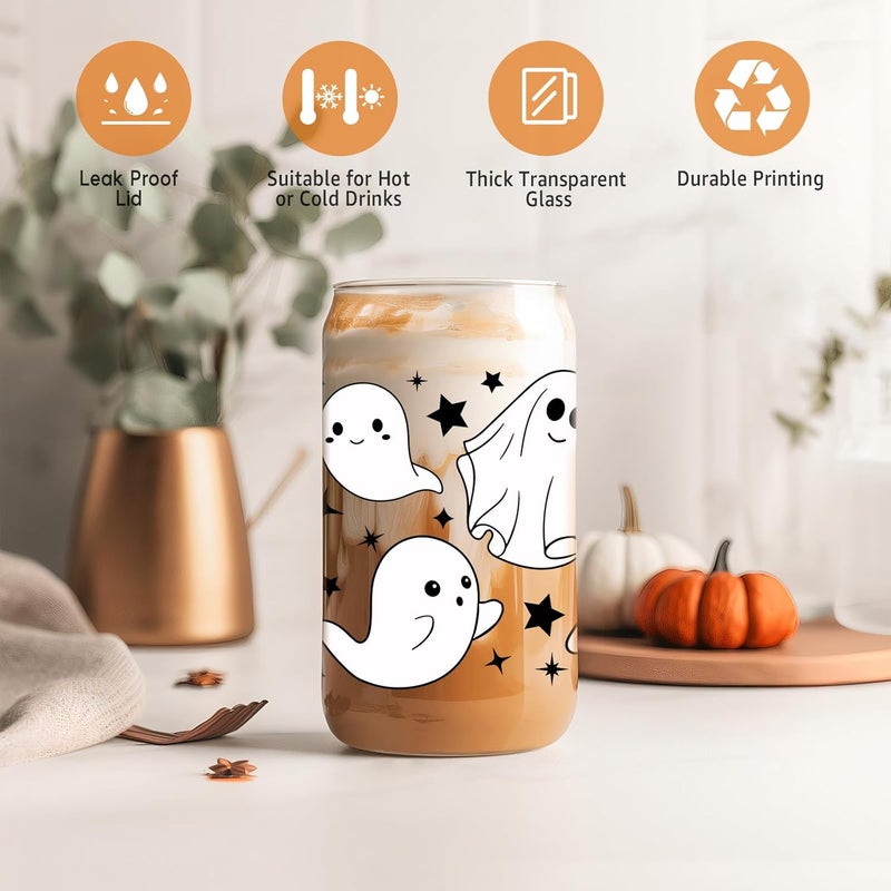 Coolife Ghost Halloween Cup, 16 oz Tumbler Glass Cups w/Lids Straws - Spooky Iced Coffee Mug for Smoothie, Cute Halloween Gifts for Women, Girls - Boo Basket Stuffers, Spooky Gifts for Teens, Her - Image 4