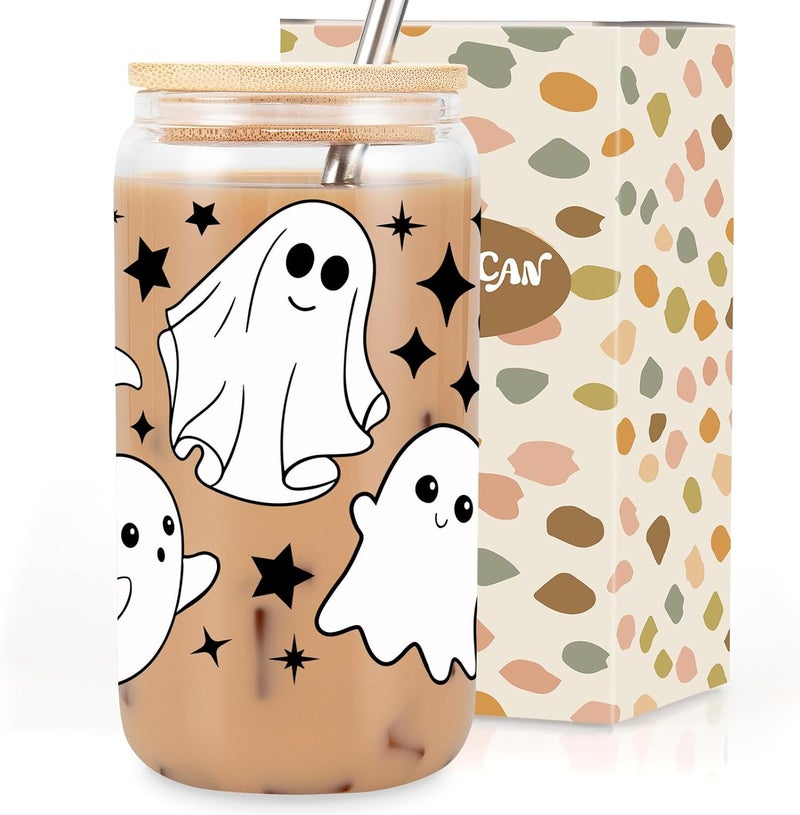 Coolife Ghost Halloween Cup, 16 oz Tumbler Glass Cups w/Lids Straws - Spooky Iced Coffee Mug for Smoothie, Cute Halloween Gifts for Women, Girls - Boo Basket Stuffers, Spooky Gifts for Teens, Her - Image 1