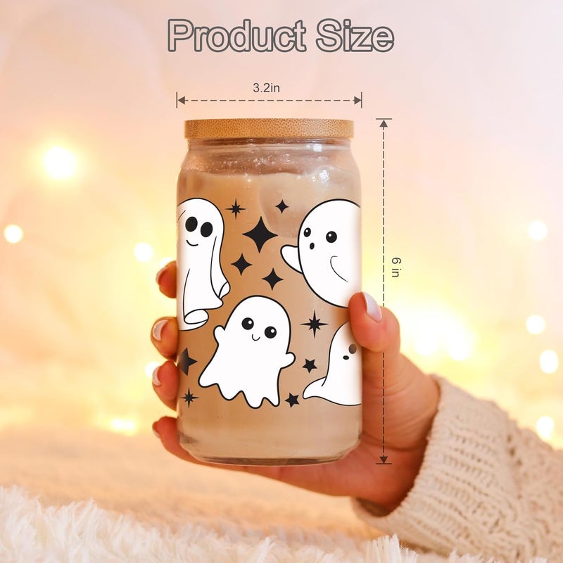 Coolife Ghost Halloween Cup, 16 oz Tumbler Glass Cups w/Lids Straws - Spooky Iced Coffee Mug for Smoothie, Cute Halloween Gifts for Women, Girls - Boo Basket Stuffers, Spooky Gifts for Teens, Her - Image 3