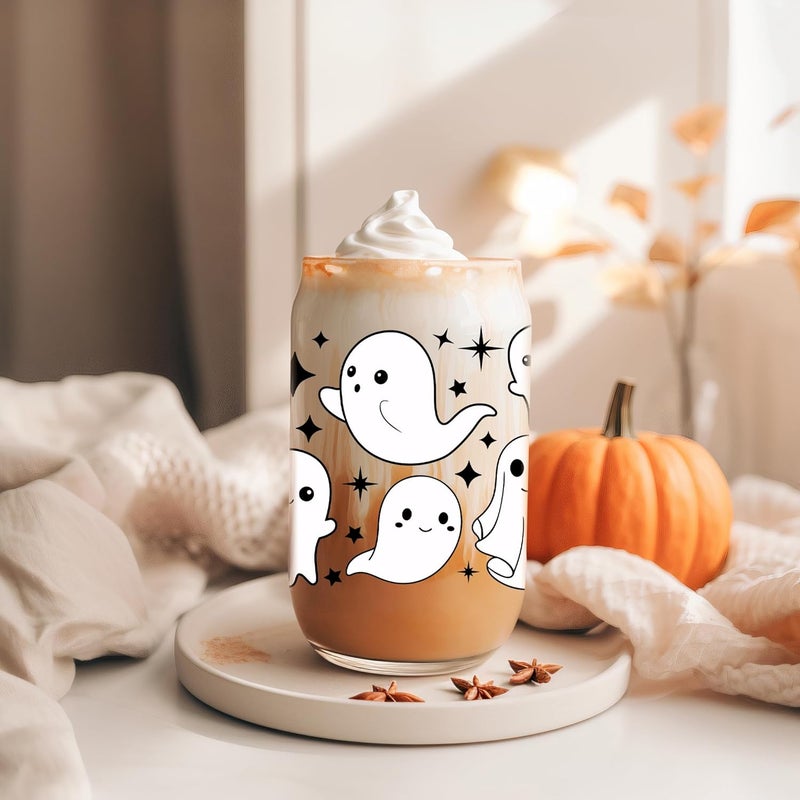 Coolife Ghost Halloween Cup, 16 oz Tumbler Glass Cups w/Lids Straws - Spooky Iced Coffee Mug for Smoothie, Cute Halloween Gifts for Women, Girls - Boo Basket Stuffers, Spooky Gifts for Teens, Her - Image 5