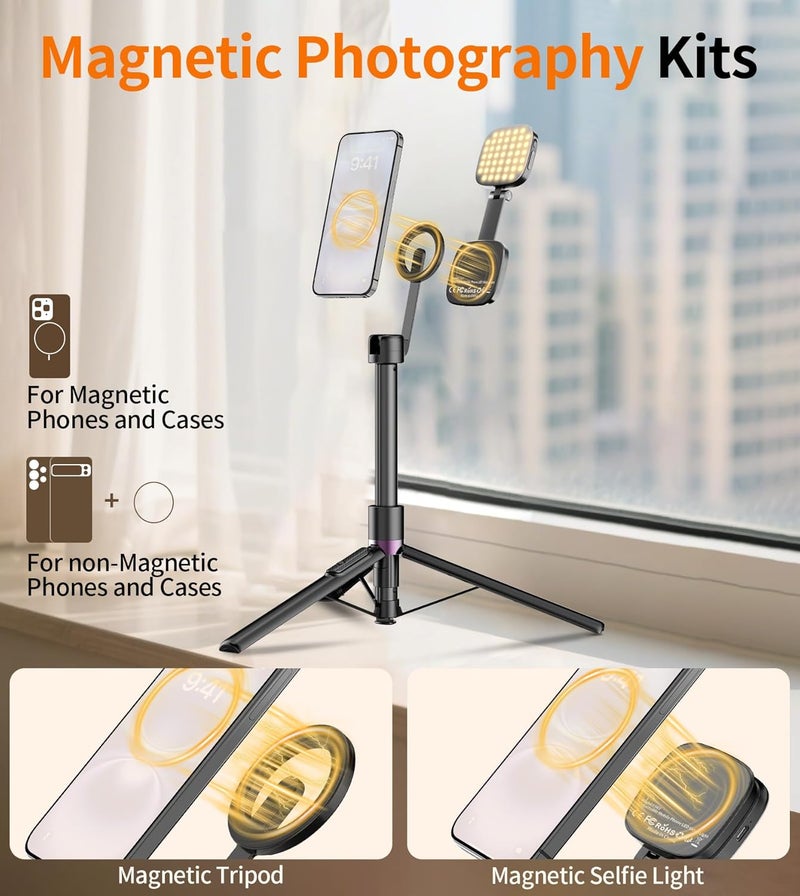 TONEOF Upgraded 173cm Selfie Stick Tripod Vlogging Kit, Magnetic Phone Tripod with LED Light and Mini Mirror, 10m Remote Control, 360 Rotation, Magnetic Ring Included, for Camera/iPhone/Android - Image 3