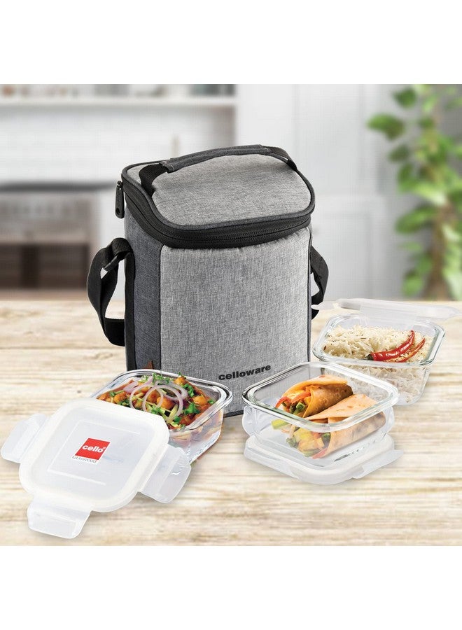 Cello CELLO Delighta Square Borosilicate Glass Lunch Box with Jacket, 320ml, Set of 3 | Vertical Glass Lunch Boxes | Microwave Safe and Leak Proof | Tiffin for Office/School/College | Transparent  - Image 2