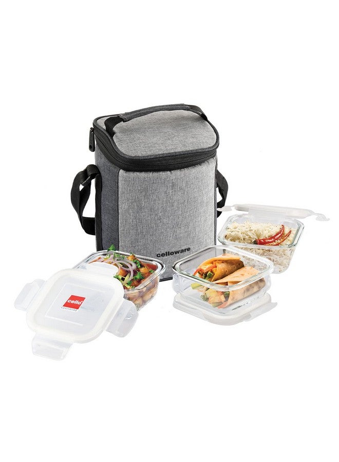 Cello CELLO Delighta Square Borosilicate Glass Lunch Box with Jacket, 320ml, Set of 3 | Vertical Glass Lunch Boxes | Microwave Safe and Leak Proof | Tiffin for Office/School/College | Transparent  - Image 1