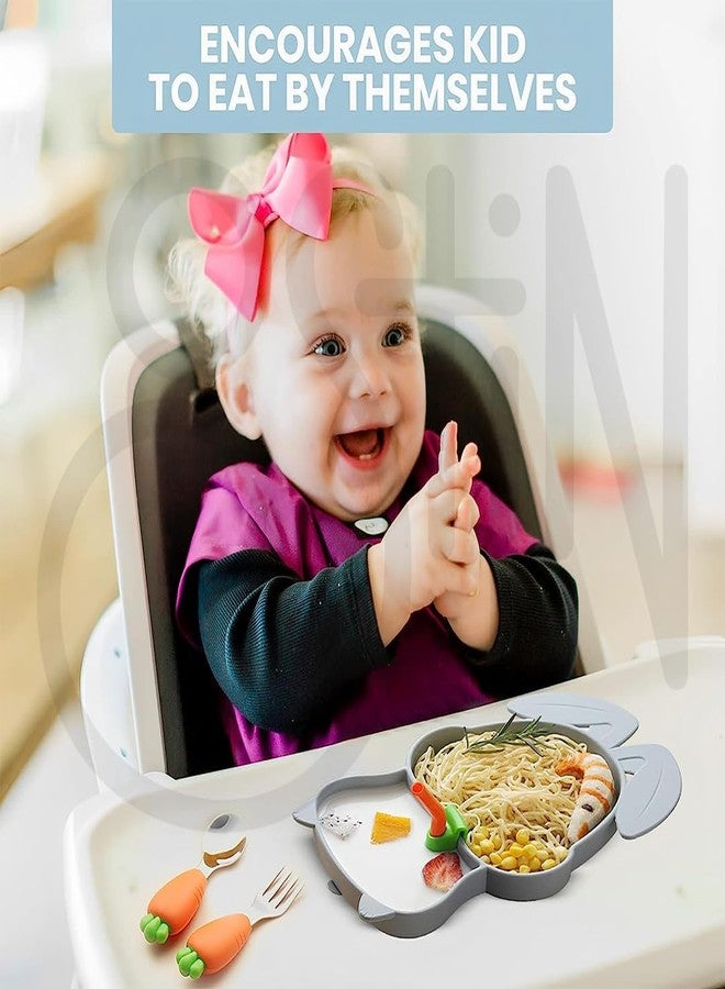 Ostin Kids Silicone Cutlery Feeding Kit Baby Feeding Set Tableware Baby Children's Meal Plate with Straw, Cleaning Brush, Spoon & Fork Suction Base (Rabbit Shape) (Rabbit Grey) - Image 3