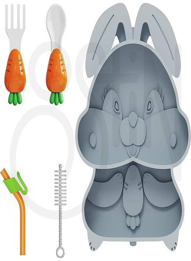 Ostin Kids Silicone Cutlery Feeding Kit Baby Feeding Set Tableware Baby Children's Meal Plate with Straw, Cleaning Brush, Spoon & Fork Suction Base (Rabbit Shape) (Rabbit Grey) - Image 1