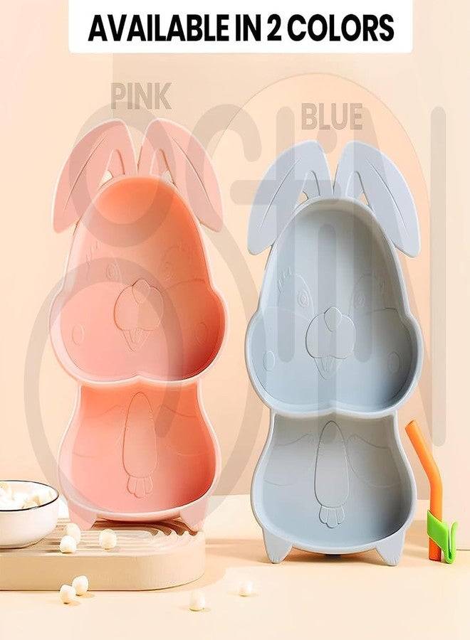 Ostin Kids Silicone Cutlery Feeding Kit Baby Feeding Set Tableware Baby Children's Meal Plate with Straw, Cleaning Brush, Spoon & Fork Suction Base (Rabbit Shape) (Rabbit Grey) - Image 2