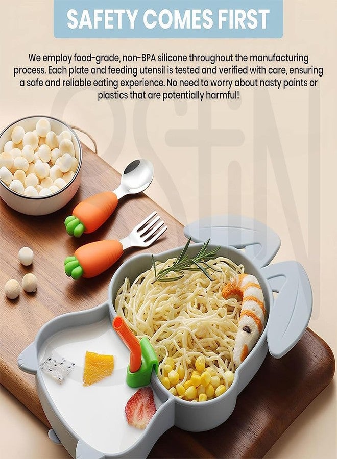 Ostin Kids Silicone Cutlery Feeding Kit Baby Feeding Set Tableware Baby Children's Meal Plate with Straw, Cleaning Brush, Spoon & Fork Suction Base (Rabbit Shape) (Rabbit Grey) - Image 4