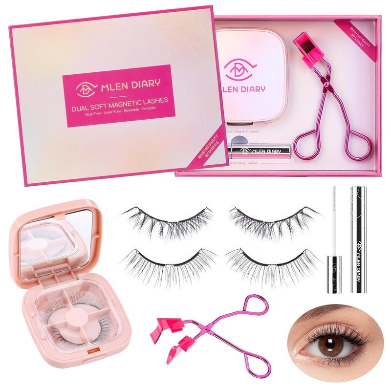 MLEN DIARY رموش مغناطيسية مزدوجة رموش مغناطيسية بدون كحل 4D مظهر طبيعي قابلة لإعادة الاستخدام سهلة الارتداء مغناطيسات ناعمة رموش مزيفة مع أداة تطبيق بدون غراء - Image 1