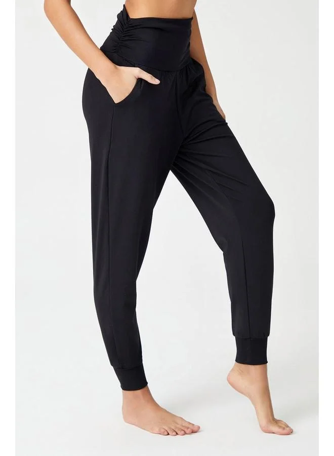 Los Ojos Black Waist Elastic Palazzo-Style Harem Pants Yoga Joggers.