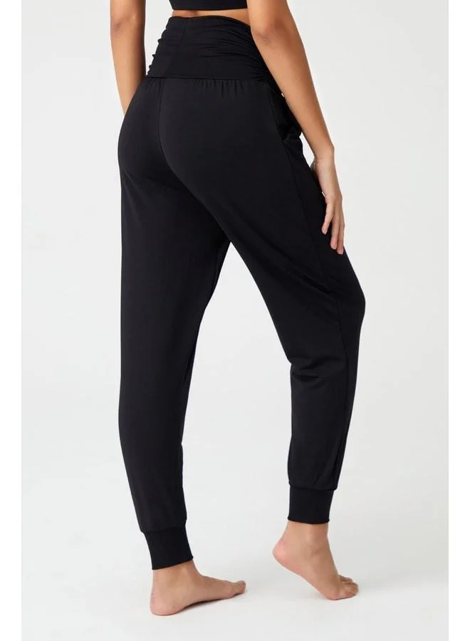 Los Ojos Black Waist Elastic Palazzo-Style Harem Pants Yoga Joggers.