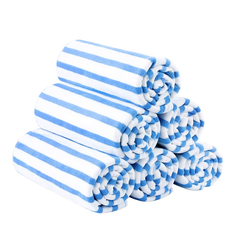 JML Microfiber Beach Towels, Large Bath Towel Set for Adult, 6 Pack, 27" x 55" - Cabana Stripe - Absorbent, Quick Dry for Pool, Bathroom, Sport, Yoga, Camping, Swimming, Dorm, Summer Party, Blue - Image 1