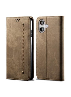 For iPhone 16 Denim Texture Casual Style Horizontal Flip Leather Case(Khaki)