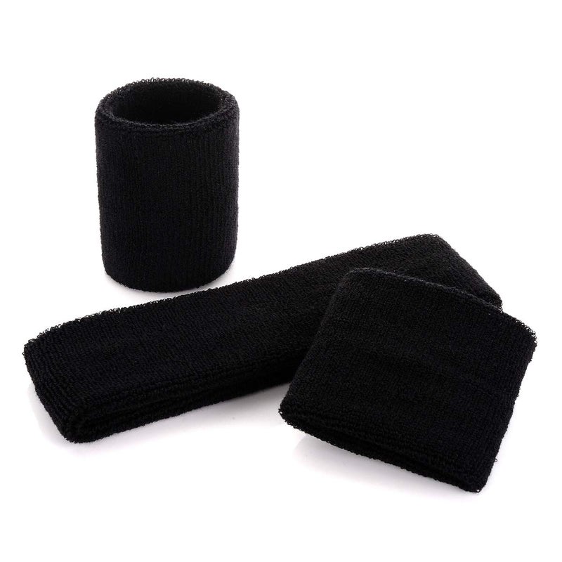 ONUPGO Black Sweatband Set Cotton Headband Wristband Set Sweatbands Terry Cloth Wristband Wrist Sweatband Headbands Moisture Wicking Sweat Absorbing Head Band - Image 2