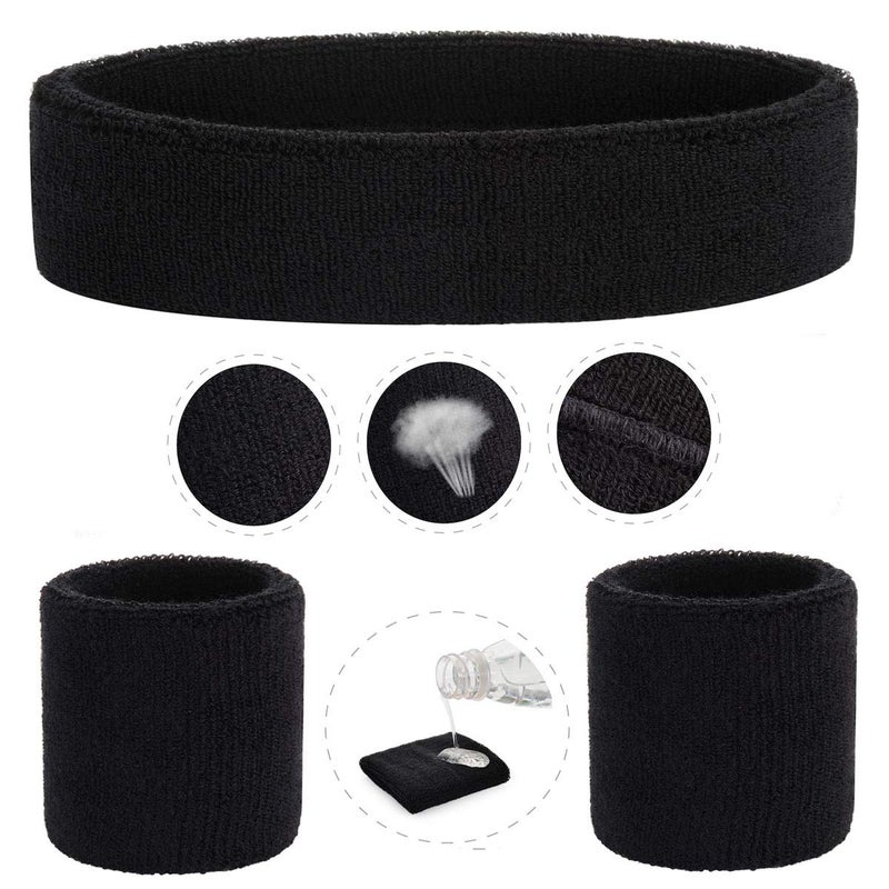 ONUPGO Black Sweatband Set Cotton Headband Wristband Set Sweatbands Terry Cloth Wristband Wrist Sweatband Headbands Moisture Wicking Sweat Absorbing Head Band - Image 3