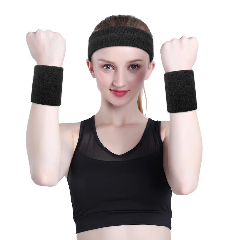 ONUPGO Black Sweatband Set Cotton Headband Wristband Set Sweatbands Terry Cloth Wristband Wrist Sweatband Headbands Moisture Wicking Sweat Absorbing Head Band - Image 4