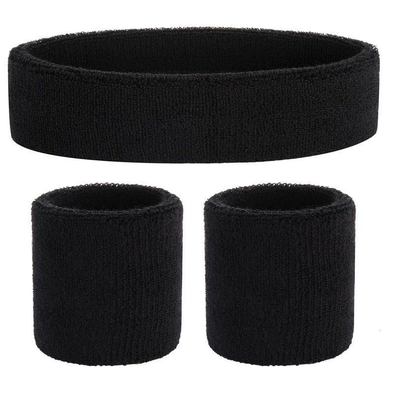 ONUPGO Black Sweatband Set Cotton Headband Wristband Set Sweatbands Terry Cloth Wristband Wrist Sweatband Headbands Moisture Wicking Sweat Absorbing Head Band - Image 1