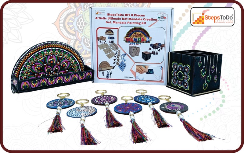 StepsToDo DIY 8 Pieces Artistic Dot Mandala Painting Kit. Dotting Tools (5),Pre-Mark Wooden Keychain (6),10 Hooks Key Holder (1), Desk Organizer (1), Paint Brush, Acrylic Colors, Color Pallet. - Image 2