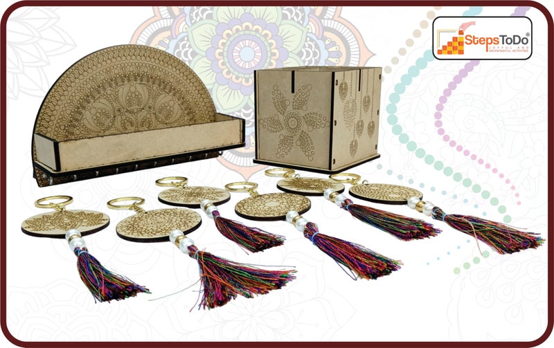 StepsToDo DIY 8 Pieces Artistic Dot Mandala Painting Kit. Dotting Tools (5),Pre-Mark Wooden Keychain (6),10 Hooks Key Holder (1), Desk Organizer (1), Paint Brush, Acrylic Colors, Color Pallet. - Image 3