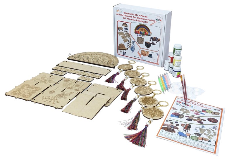 StepsToDo DIY 8 Pieces Artistic Dot Mandala Painting Kit. Dotting Tools (5),Pre-Mark Wooden Keychain (6),10 Hooks Key Holder (1), Desk Organizer (1), Paint Brush, Acrylic Colors, Color Pallet. - Image 1